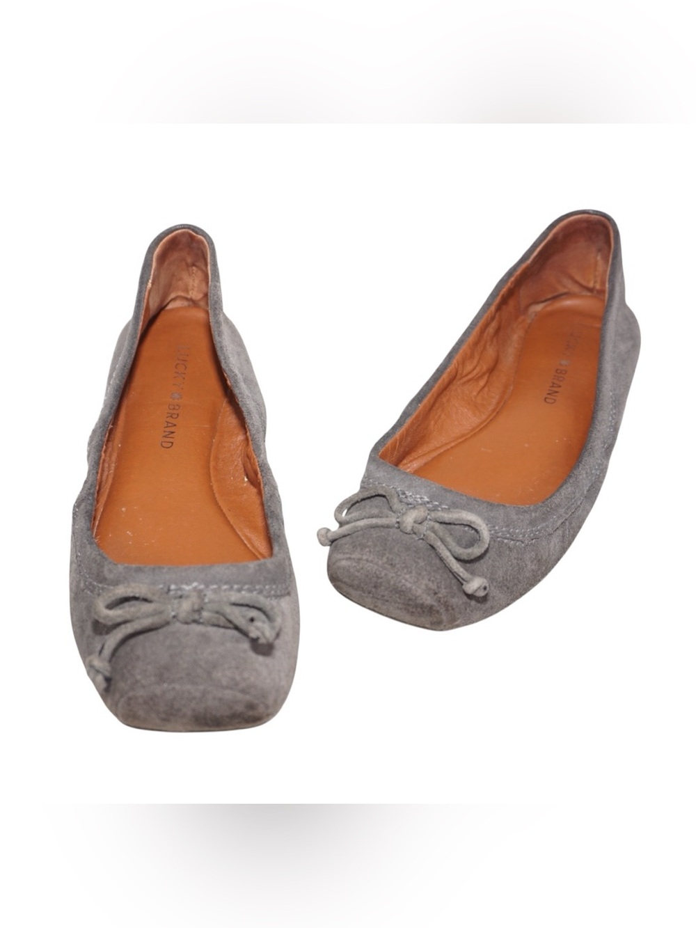 These are Lucky Brand Gray Suede Sandriana Ballet Flats with Ribbon Bow, Size 7